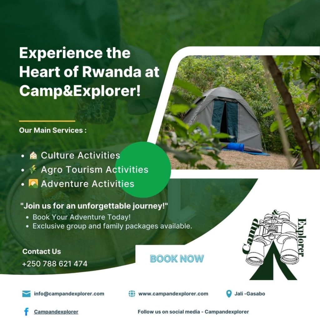 we are camp&Explorer , we are ready to make you unforgotable experience base on out tourism activities, join us for camping ,Kiking ,Tradition way of lwanda iving. Find us in fresh air of Mount Jali Forest at Mount Jali , Kigali. Give me for face book content 
🌟 Welcome to Camp & Explorer 🌟
Are you ready to embark on an adventure you’ll never forget? 🌍✨
We’re here to offer you unique tourism experiences, including:
🏕️ Camping under the stars
🥾 Hiking through breathtaking trails
🇷🇼 Exploring the Traditional Rwandan Way of Living
📍 Find us in the fresh air of Mount Jali Forest, Kigali, where nature and culture meet to create unforgettable memories.
📞 Contact us today: +250788621474
💻 Book your adventure now: www.campandexplorer.com
✨ Let’s make your next adventure truly unforgettable! 🌿
#CampAndExplorer #ExploreRwanda #MountJaliExperience #AdventureAwaits
