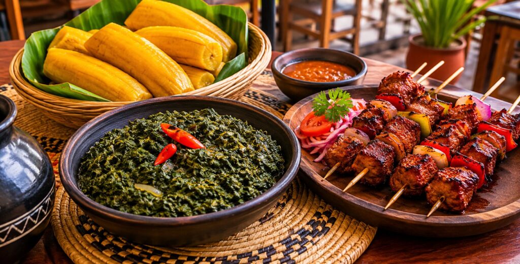 Traditional Rwandan food spread at a restaurant in Musanze