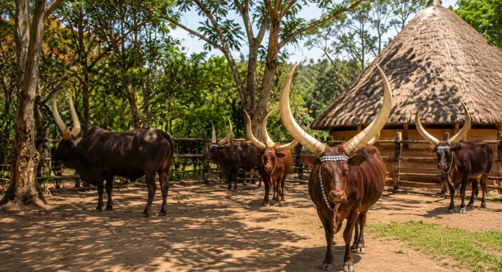 Inyambo royal cows at King's Palace Museum in Nyanza Rwanda