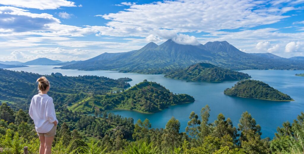 Panoramic view of Twin Lakes Burera and Ruhondo with Volcanoes National Park, Rwanda