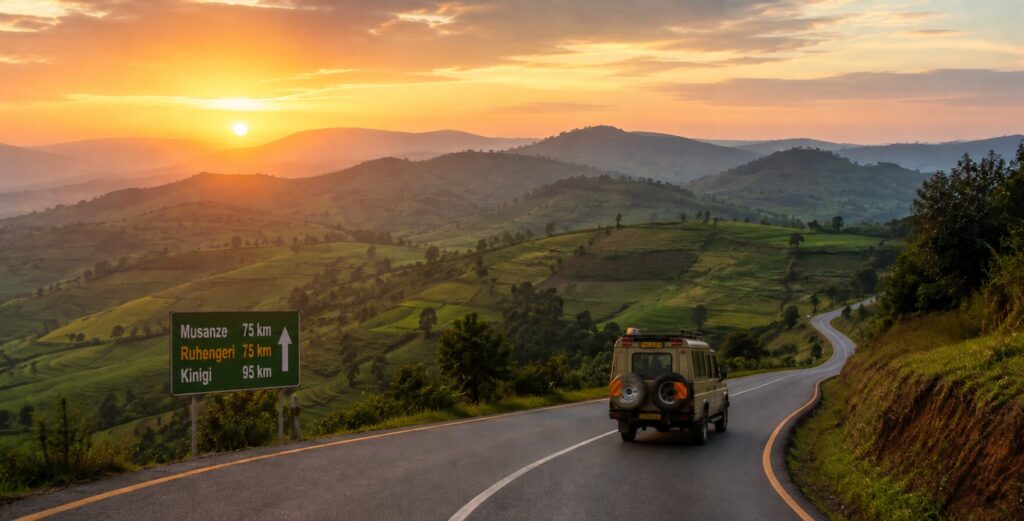 Scenic road through Rwanda's rolling hills on the way to Musanze at sunrise